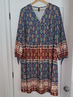 Boho-Inspired Blue Midi Dress with Geo Motif